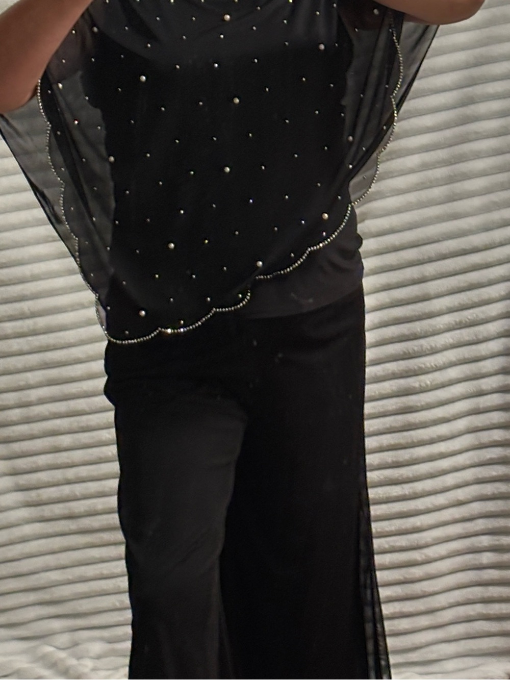 MSK Black Sheer Overlay Top and bottom. Top has Pearl and rhinestone Accents